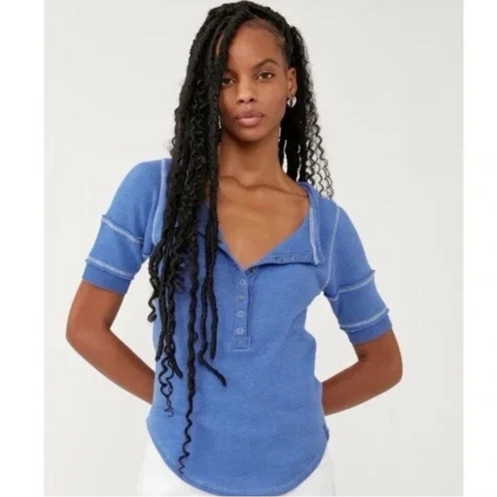 Free People We The Free Blue On The Run Henley Thick Knit Top Size S